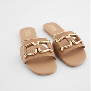 ZARA Flat Leather Sandals with Gold Saddle Detail Size 39/8.5US